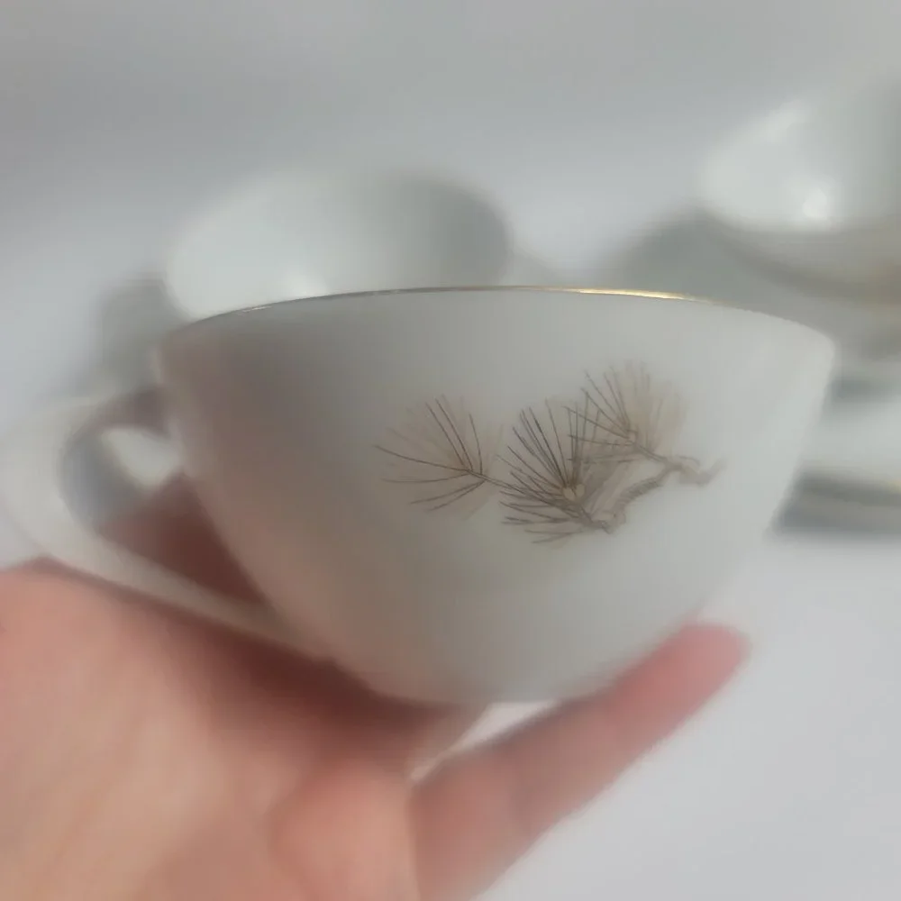 FOUR Sango Larchmont Cup & Saucer Sets White with Brown Pine Branch